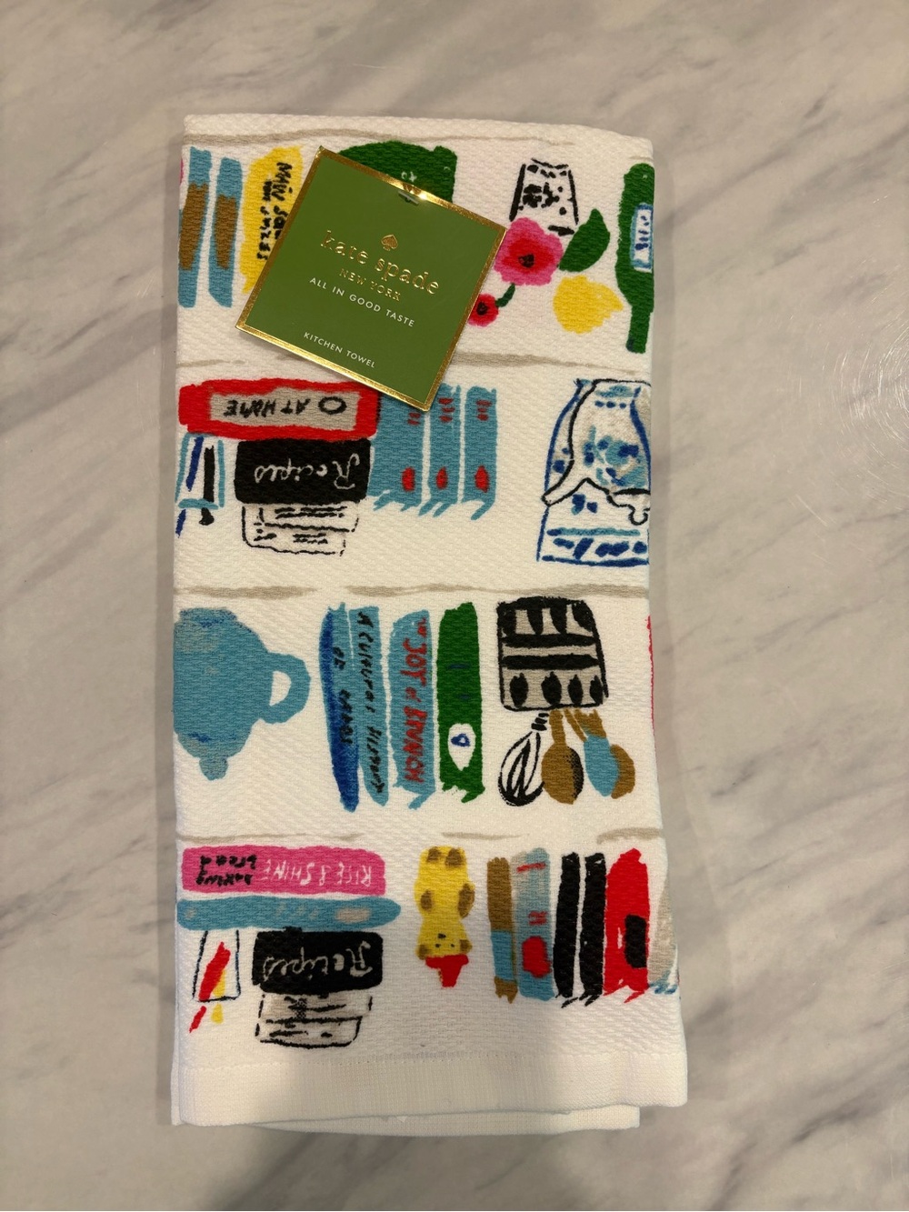 kate spade White Kitchen Towel with Multicolor Cookbook & Utensil Print